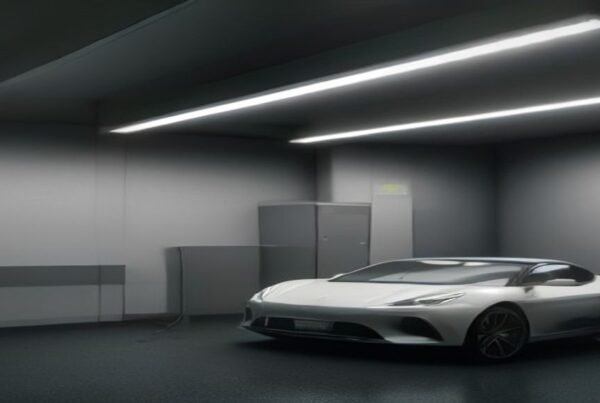 Sleek Level 2 EV charger mounted on garage wall next to modern electrical panel