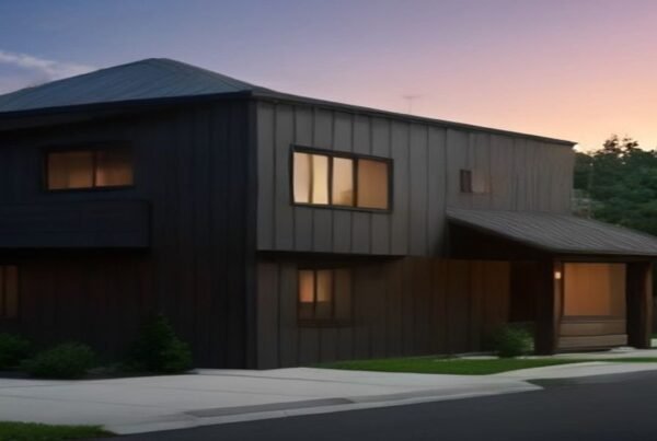 Sleek Tesla Model Y charging outside an off-grid home with smart EV charger and solar panels