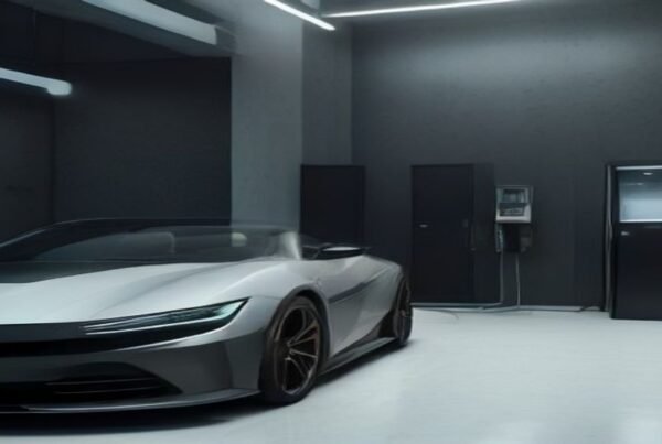 Sleek smart EV charger with dynamic load balancing in a modern residential garage.