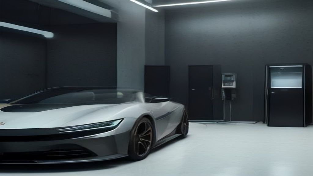 Sleek smart EV charger with dynamic load balancing in a modern residential garage.