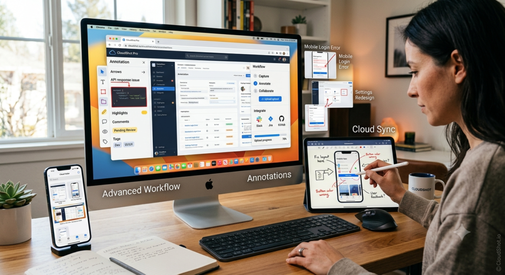 Advanced cloud workflow and annotation tools for mobile and desktop screenshots