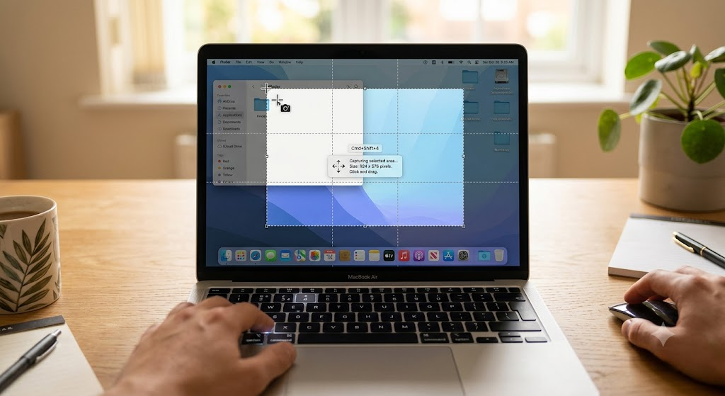 Mac screen displaying selective region capture overlay using Command Shift 4 keyboard shortcut